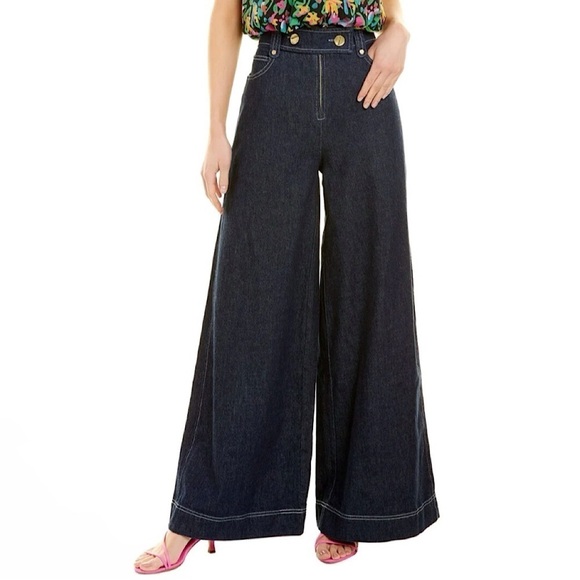 Tanya Taylor Jemma Pant High Waist Wide Leg Flare Denim Cropped Jean Indigo 2 - Picture 2 of 16